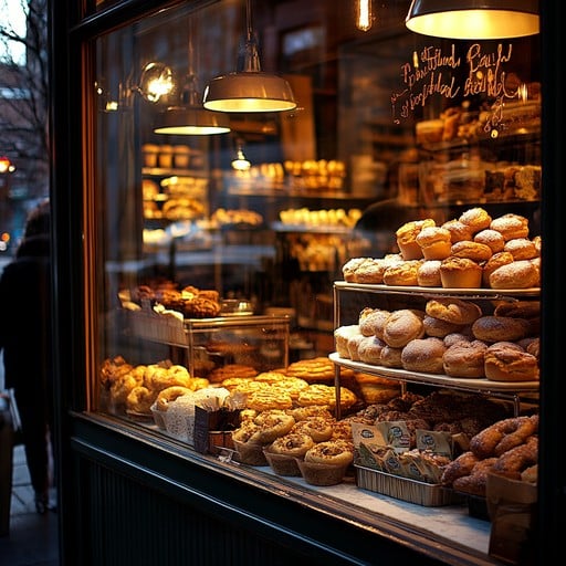 Bakery display case with fresh pastries