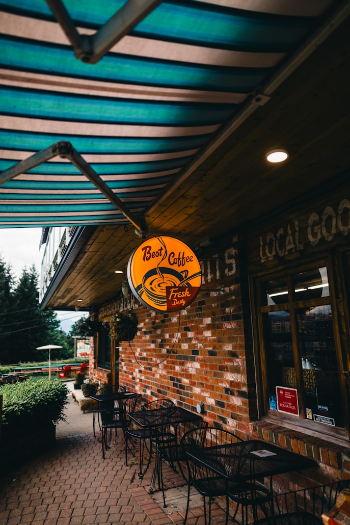 Cafe exterior with outdoor patio seating